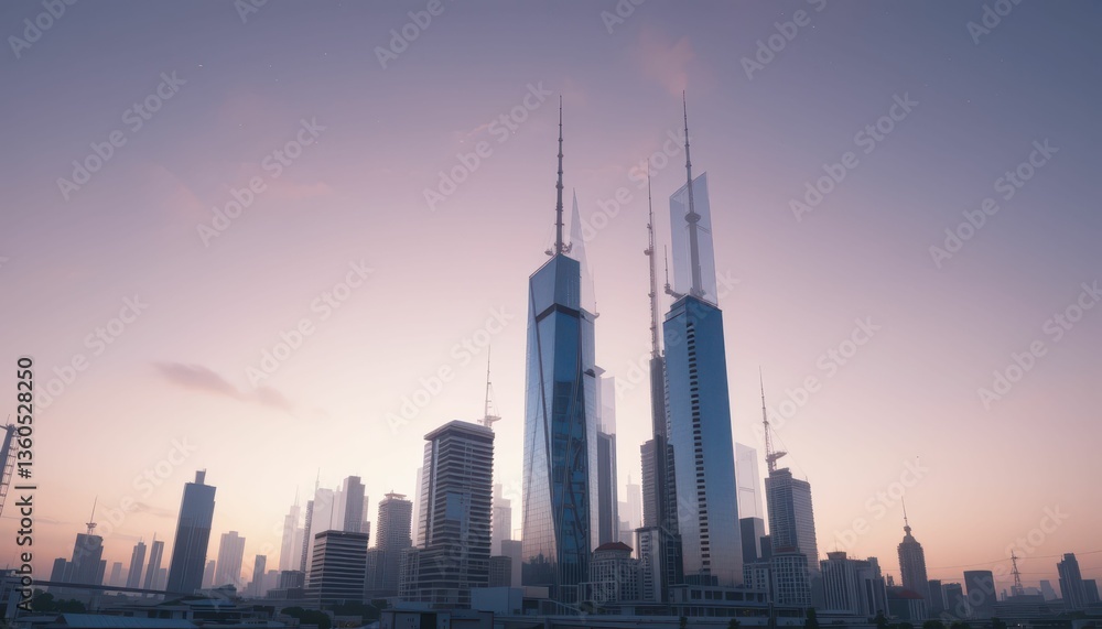 Modern City Skyline at Dusk with Towering Skyscrapers and Twilight Glow Modern City Skyline at Dusk with Towering Skyscrapers and Twilight Glow