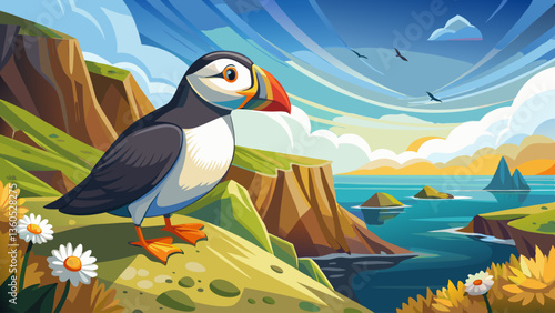 Atlantic puffin, fratercula arctica, standing on cliff in summertime. Panorami horizontal composition of colorful seabird observing on mountainside near to sea. Wild aquatic animal looking to the