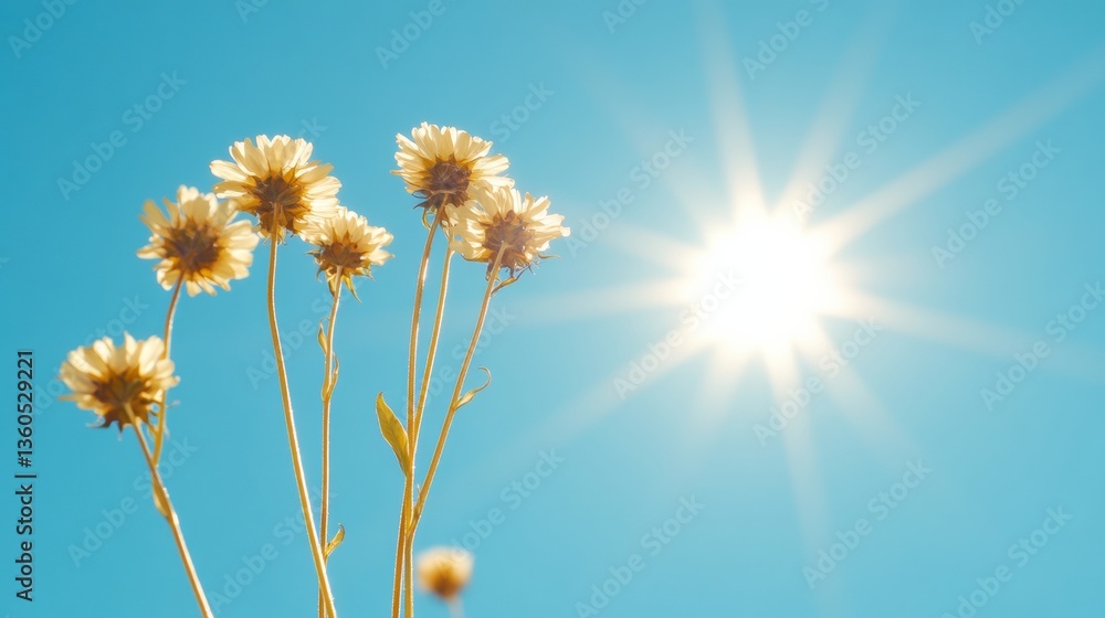 Naklejka premium Sunlit Flora Panorama Vibrant Sunflower Stalks Against Sky - Agricultural Imagery for Sustainable Summer Campaigns and Natural Abundance Promotion