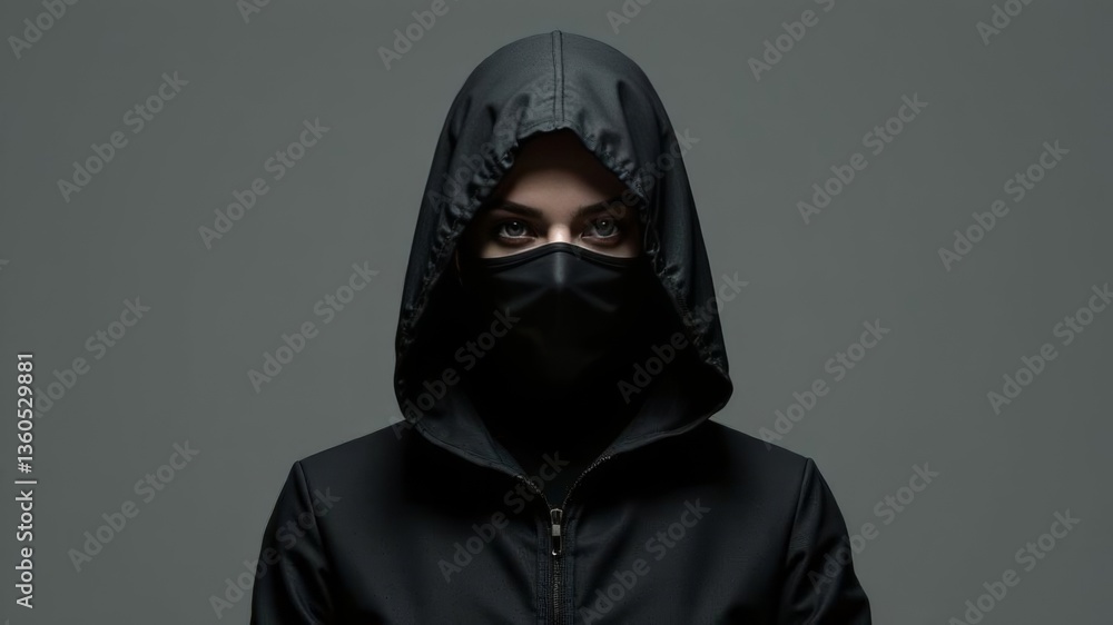 woman thief in mask close up in front of camera on gray background woman thief in mask close up in front of camera on gray background