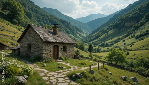Wallpaper Mural Serene Mountain Cottage Surrounded by Lush Green Valleys and Hills Torontodigital.ca