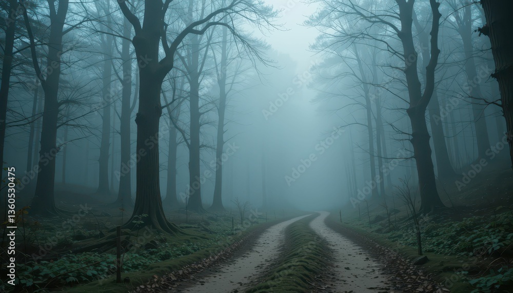 Naklejka premium Misty Forest Path in Autumn with Fog and Tall Trees at Dusk