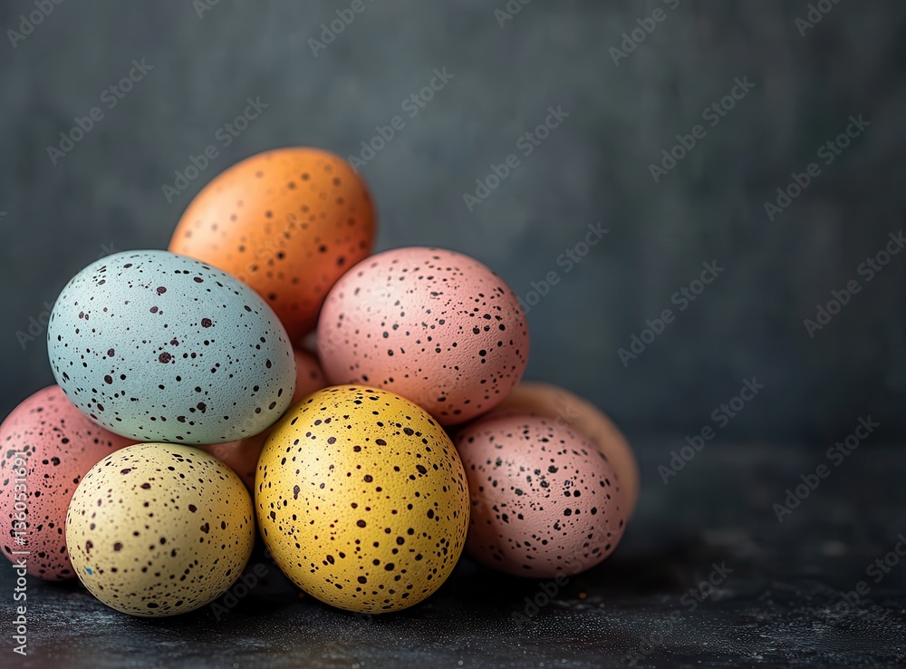 Colorful Speckled Easter Eggs Stacked on a Dark Background for Festive Spring Celebrations and Holiday Decorations Colorful Speckled Easter Eggs Stacked on a Dark Background for Festive Spring Celebrations and Holiday Decorations