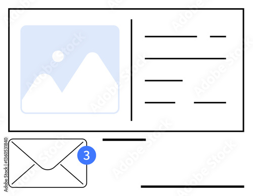 Email with notification badge and message preview layout including text and image placeholder. Ideal for communication, messaging, email updates, digital marketing, inbox management, user interface