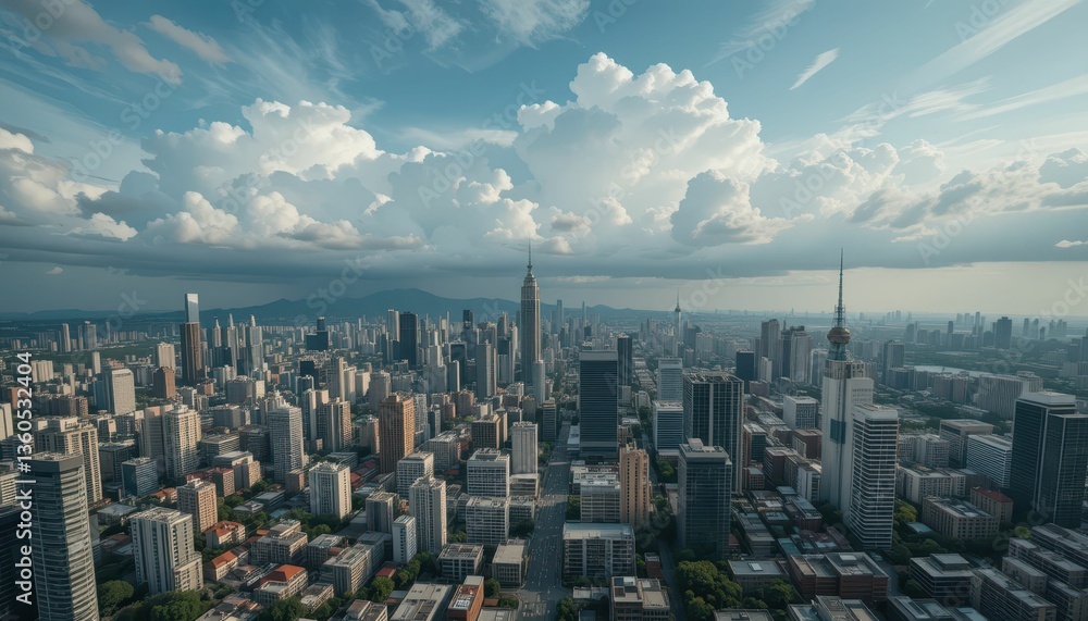 Fototapeta premium Aerial View of Urban Skyline with Dramatic Cloud Formation