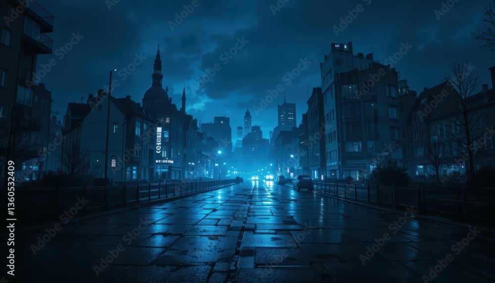 Obraz premium Urban Night Scene with Blue Lighting and Dramatic Cloudy Sky