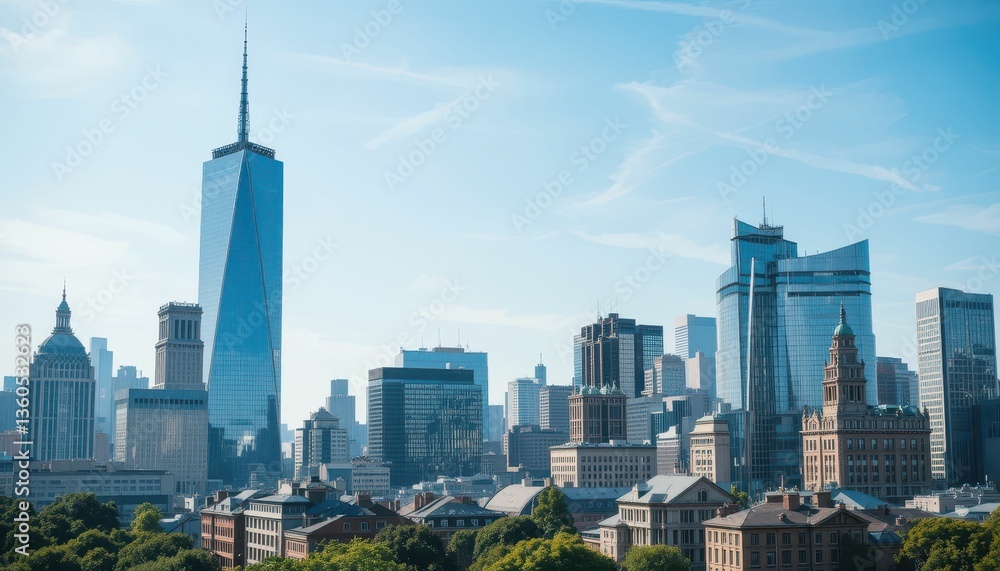 Obraz premium Modern Urban Skyline with Skyscrapers and Clear Blue Sky