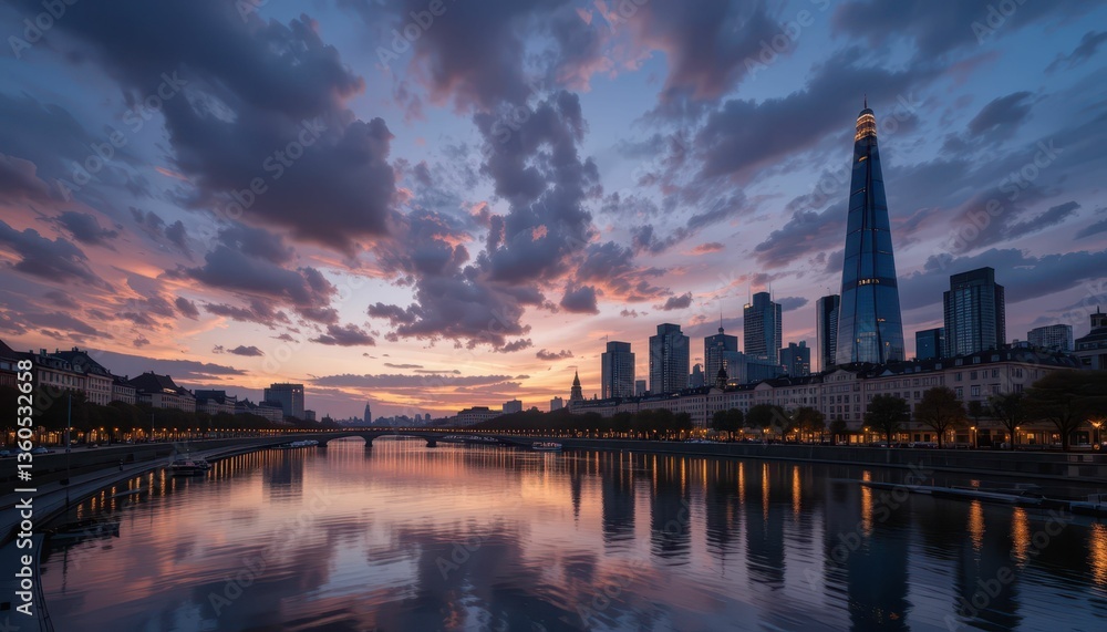 Fototapeta premium Beautiful Sunset Reflection Over City River with Skyscrapers