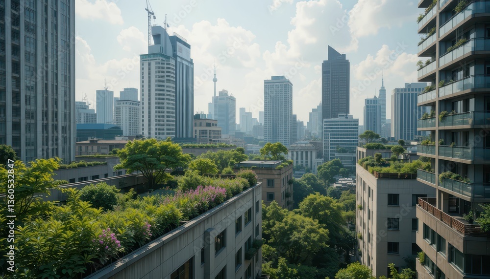 Fototapeta premium Modern Urban Landscape with Lush Green Rooftops in City Sky
