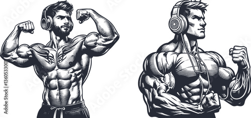 Engraved Muscular Man with Headphones Flexing Biceps, Exuding Determination and Strength Design 