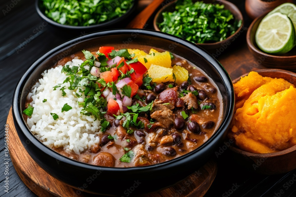 Feijoada, brazilian black bean stew with rice, orange, and farofa Feijoada, brazilian black bean stew with rice, orange, and farofa