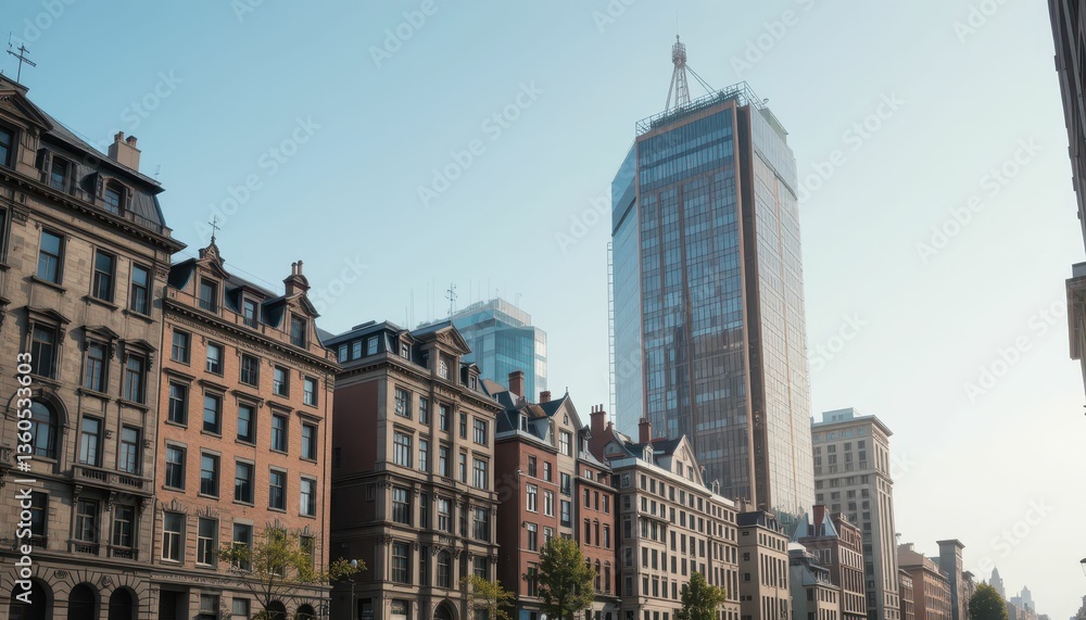 Modern Skyscraper Surrounded by Historic Buildings in Urban Setting Modern Skyscraper Surrounded by Historic Buildings in Urban Setting