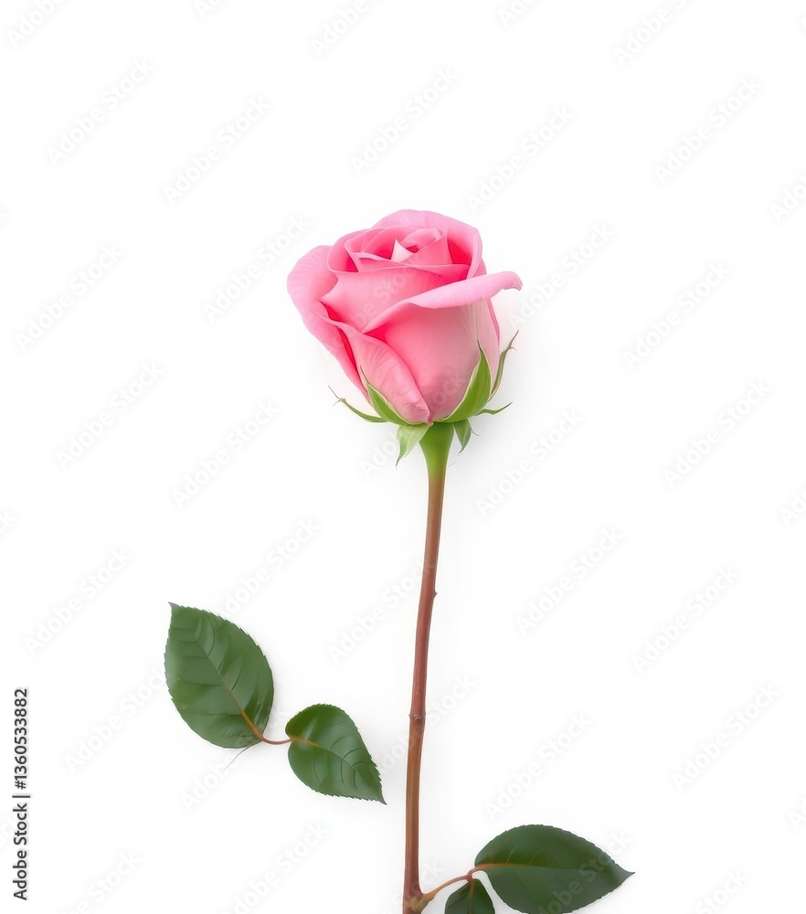 A single pink rose, petals unfurled, rests on a pristine white background, backdrop, soft, bloom A single pink rose, petals unfurled, rests on a pristine white background, backdrop, soft, bloom