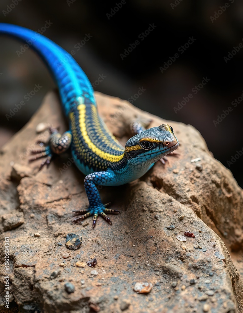 Fototapeta premium Blue-tailed skink basking on a rock, showing vibrant blue tail, australia, macro photography