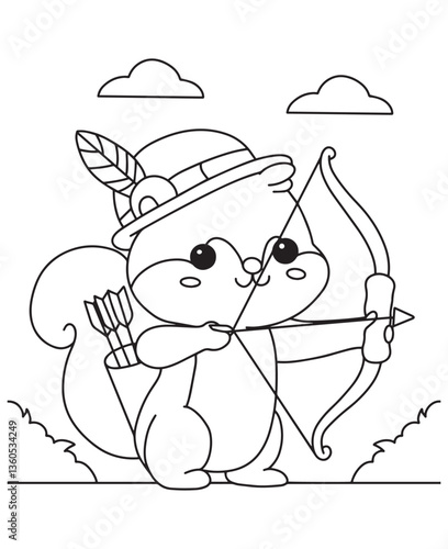 Coloring book squirrel archer with a bow and arrows under a cloudy sky. Fun line art for coloring, featuring a fantasy adventure 