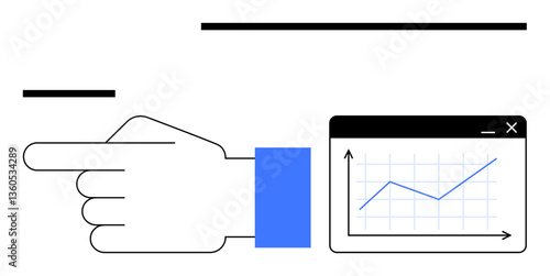 Hand pointing at a window displaying a rising line graph with arrows. Ideal for growth, analytics, business, progress, data visualization, decision-making, insight. Flat simple metaphor
