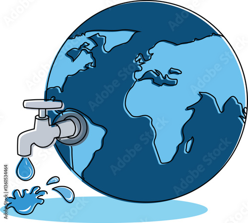 blue world globe with tap with drop of water flowing for water day illustration, Earth with water conservation, Water dripping from tap art, Globe with faucet, Earth with leaking water tap,  save wate
