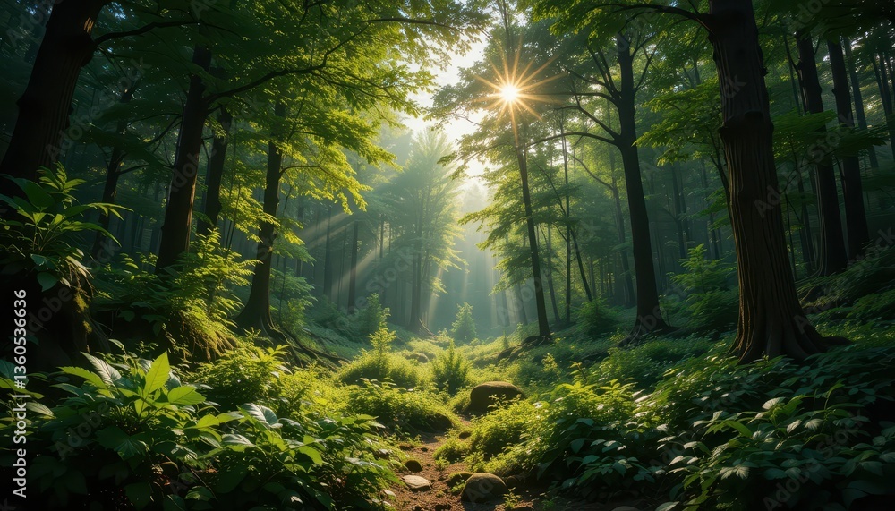 Obraz premium Serene Sunlight Filtering through Lush Forest in Early Morning