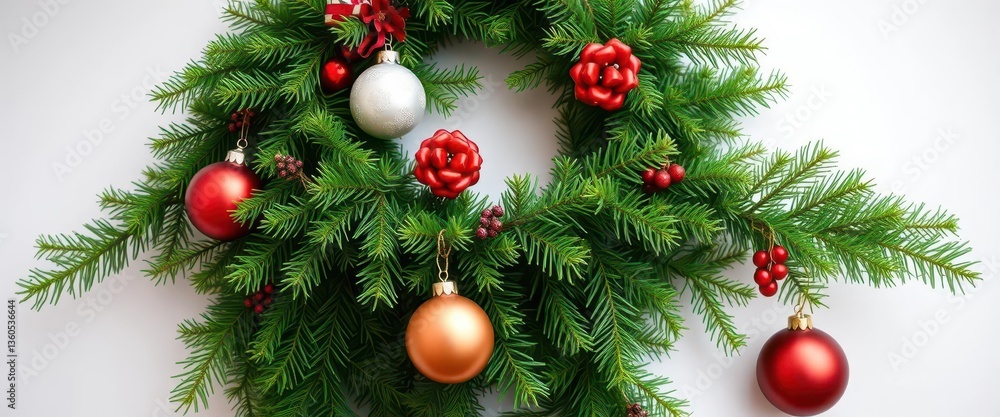 Lush green garland entwines a fragrant evergreen branch, adorned with festive ornaments, fir, seasonal Lush green garland entwines a fragrant evergreen branch, adorned with festive ornaments, fir, seasonal