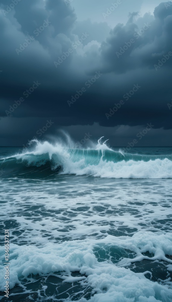 Fototapeta premium Dramatic Ocean Wave Under Dark Storm Clouds at Dusk Moment