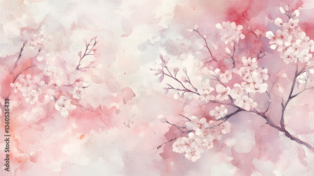 Fototapeta premium Delicate cherry blossoms bloom against a soft pink watercolor background evoking a serene spring atmosphere