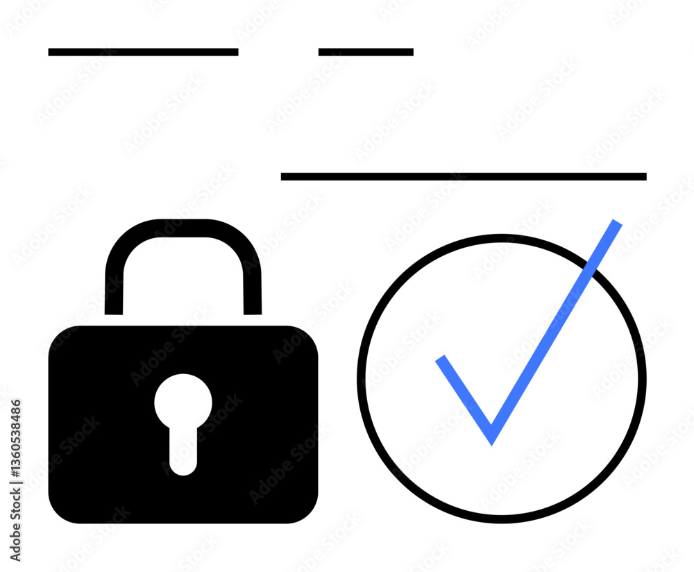 Padlock symbolizing security next to a circle with a blue checkmark, indicating approval or verification. Ideal for cybersecurity, authentication, data protection, permission, compliance, trust