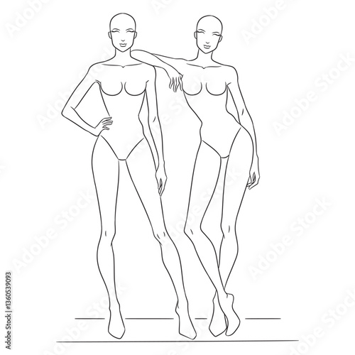 A professional fashion croquis template featuring two female models posing. This clean and minimalistic line art sketch is perfect for fashion designers, illustrators to create stylish outfit designs