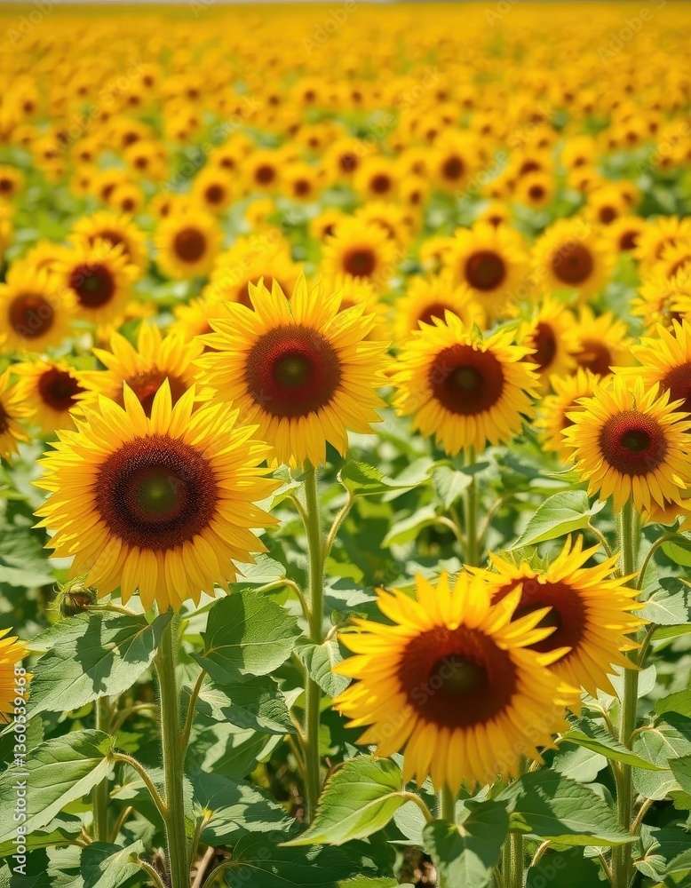 Fototapeta premium Vast field of sunflowers in full bloom, sunny day , joyful, bloom