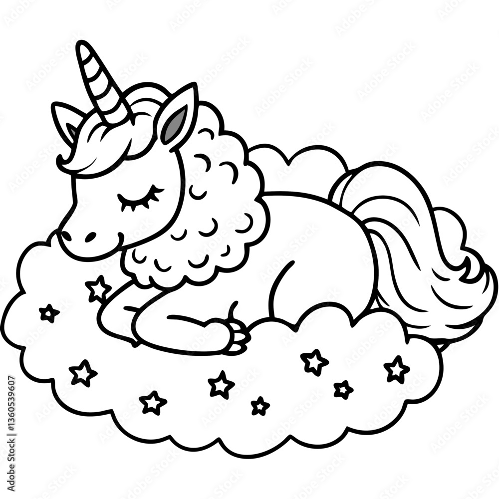 Fototapeta premium Adorable unicorn peacefully sleeping on a cloud surrounded by stars in a whimsical illustration