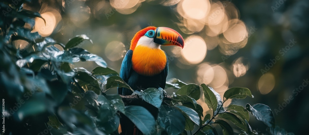 Fototapeta premium Vibrant toucan perched on lush green foliage in a bokeh background.