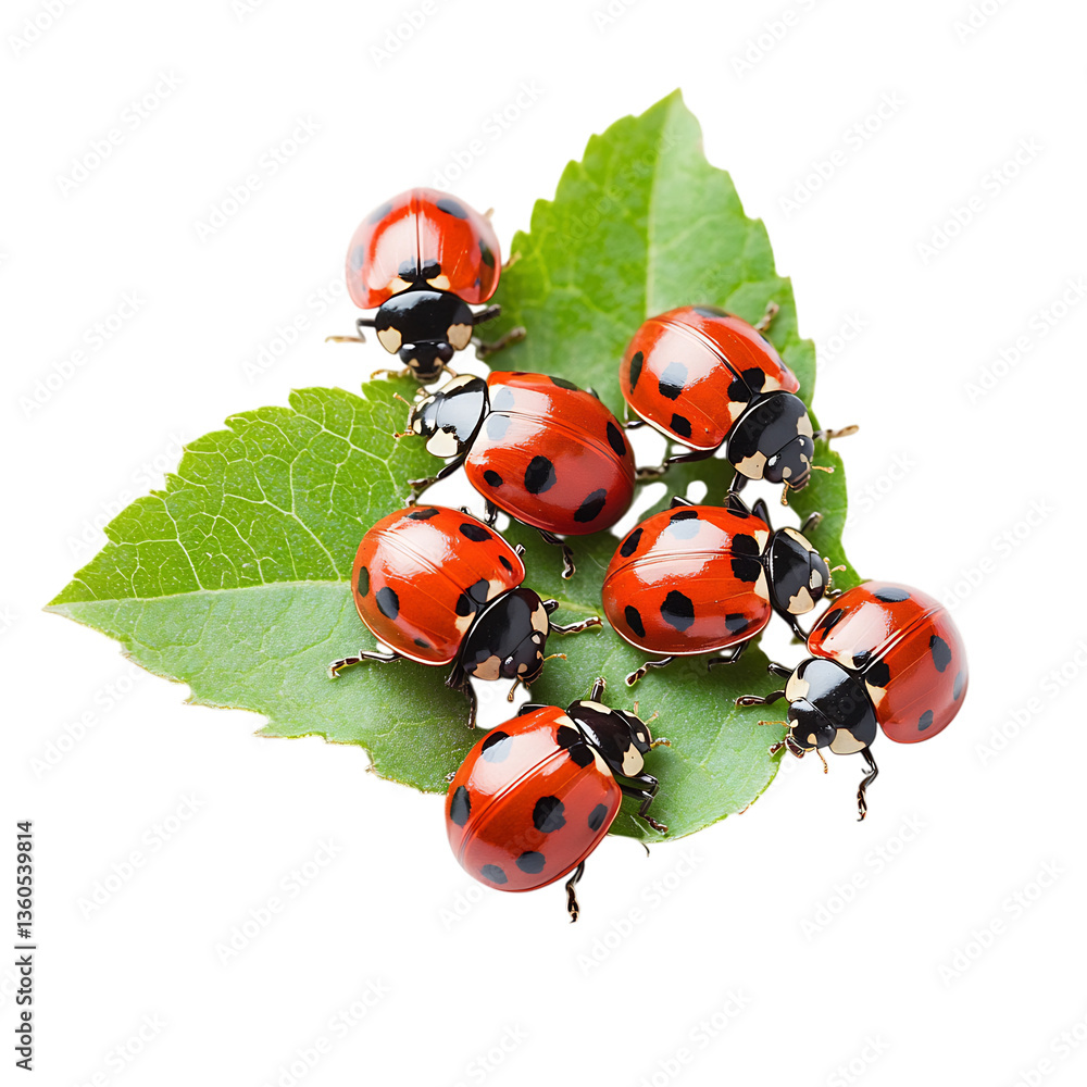 Fototapeta premium Ladybugs Crawling on Leaf Isolated on Transparent Background