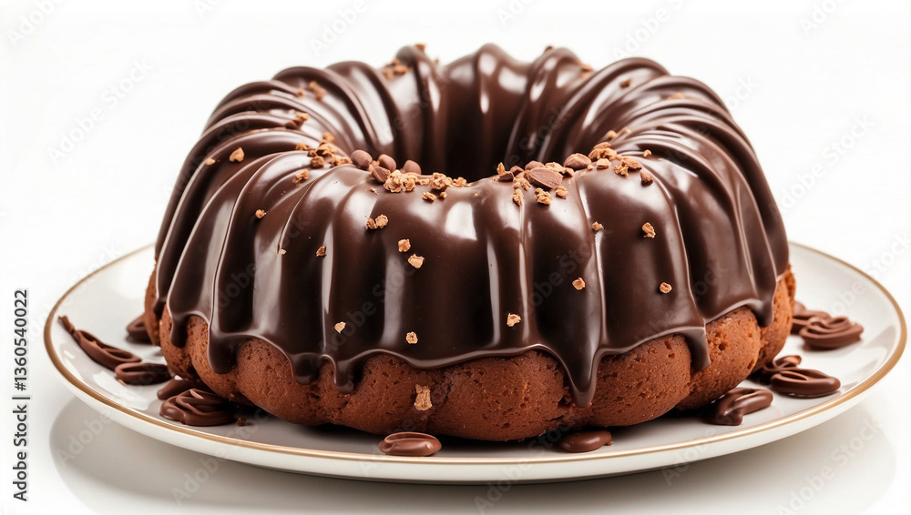 Obraz premium Chocolate Coated Bundt Cake Isolated on a White Background: A Rich and Indulgent Dessert