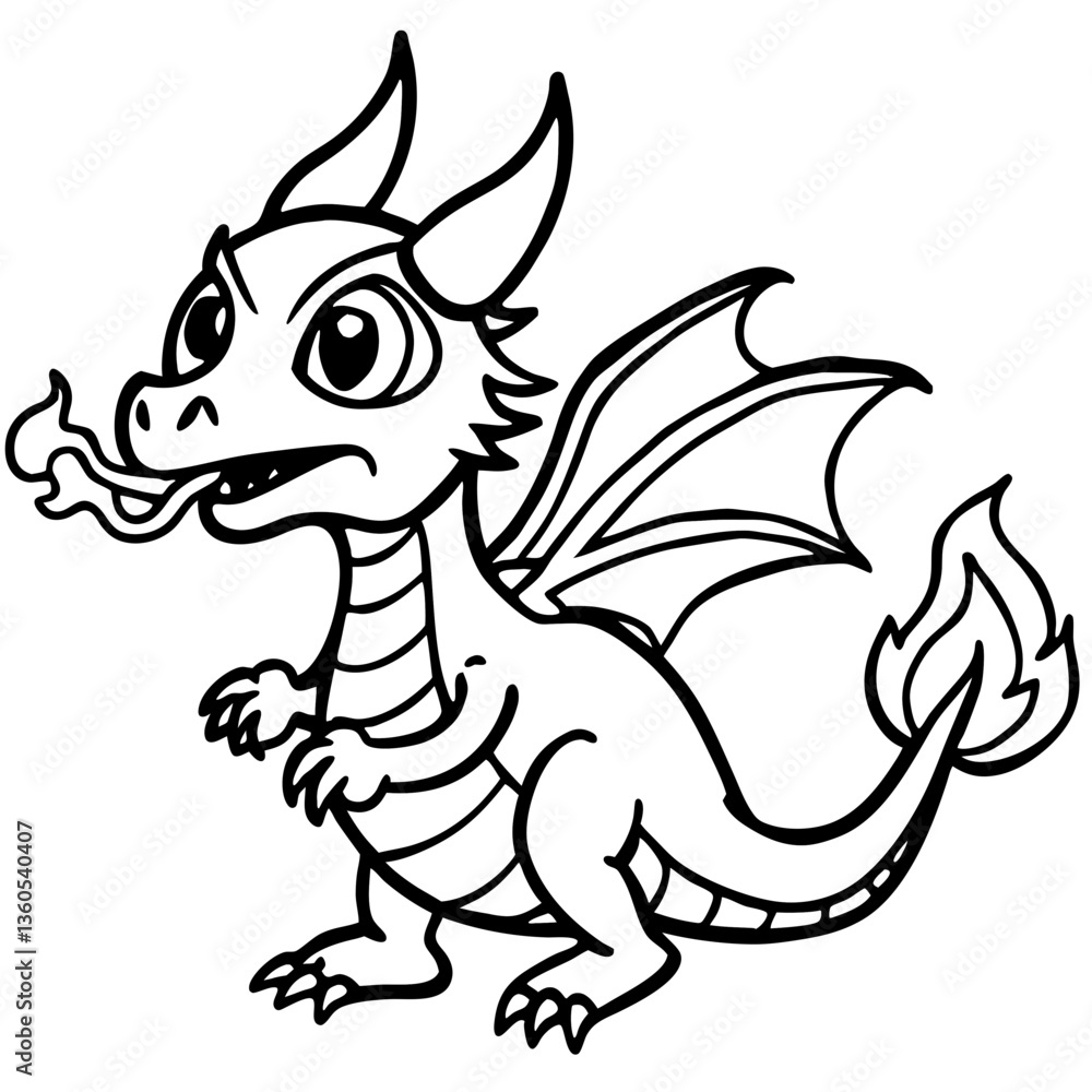 Fototapeta premium Playful cartoon dragon character breathing fire, in coloring book style