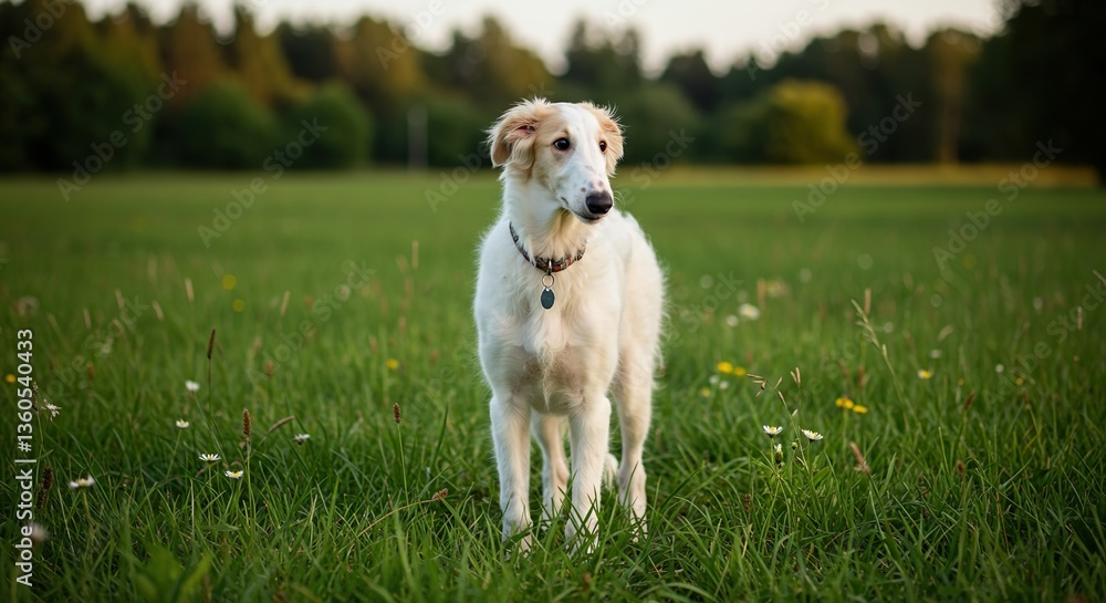 Elegant Borzoi Puppy Standing in a Green Meadow – Graceful Young Russian Wolfhound Elegant Borzoi Puppy Standing in a Green Meadow – Graceful Young Russian Wolfhound