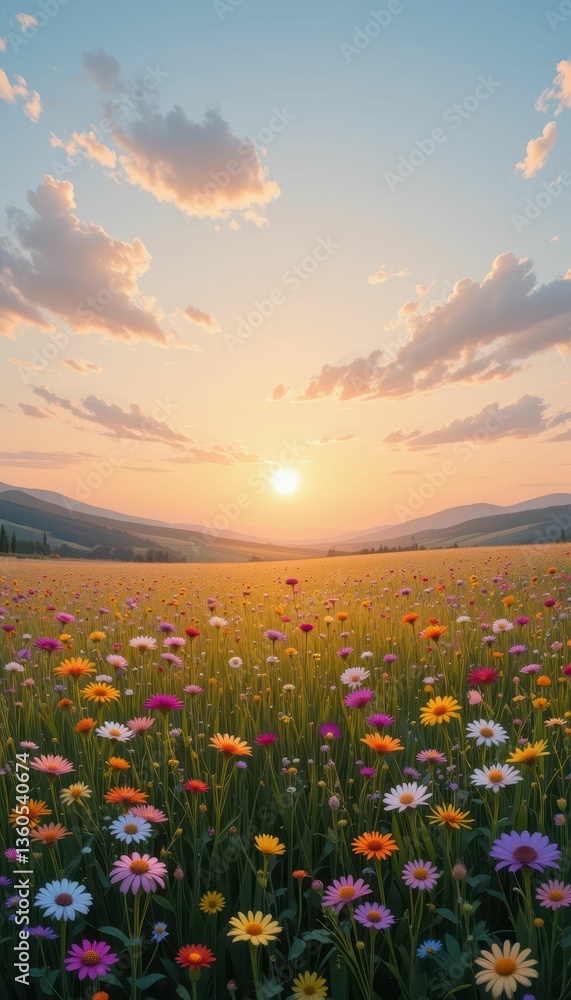 Fototapeta premium Colorful Wildflowers Blooming Under Sunset in Vast Open Field