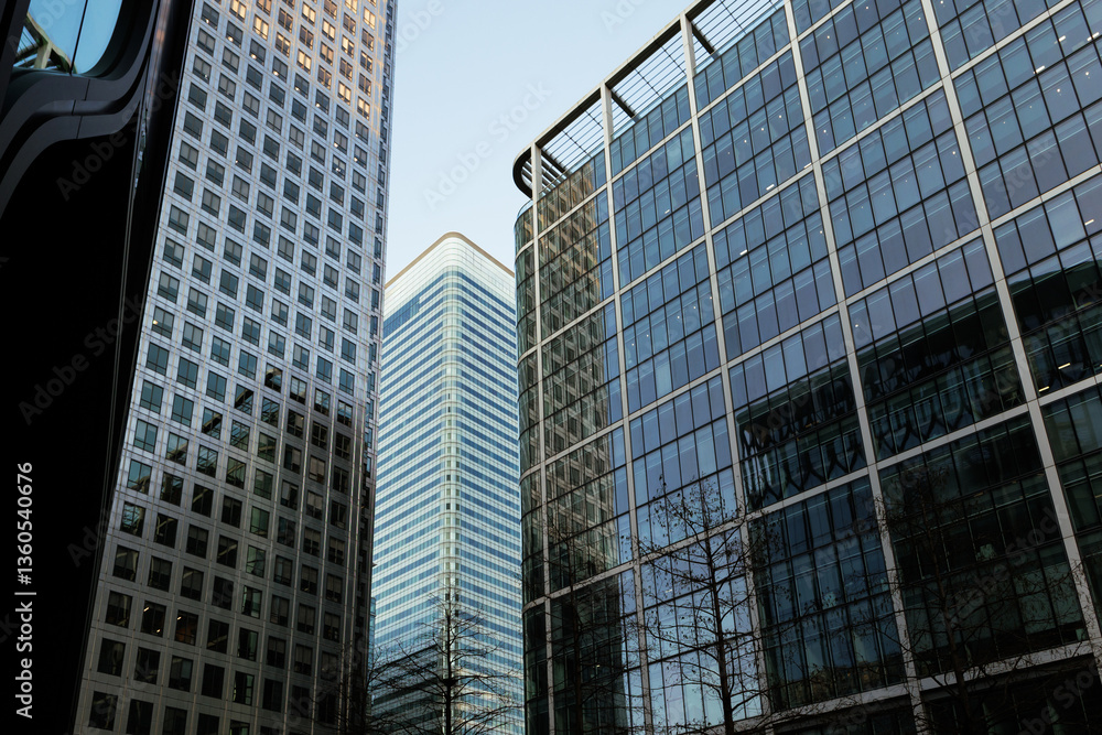 Modern skyscrapers reaching for the sky in canary wharf, london Modern skyscrapers reaching for the sky in canary wharf, london