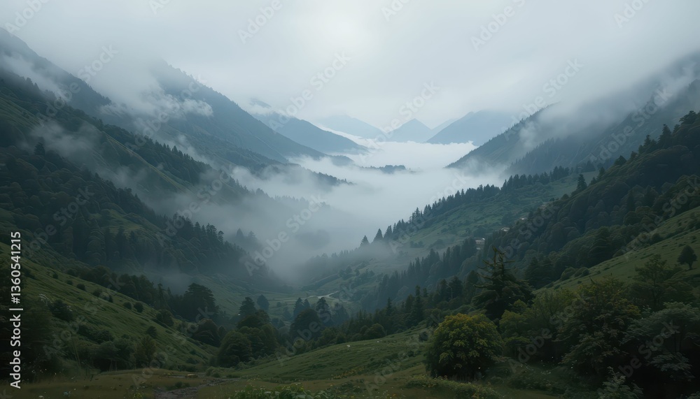 Obraz premium Serene Mountain Landscape with Fog and Green Valley in Background