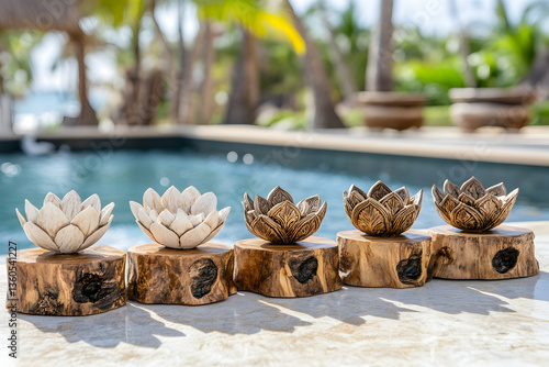 Lotus blossom ornaments displayed near a pool against a tropical backdrop