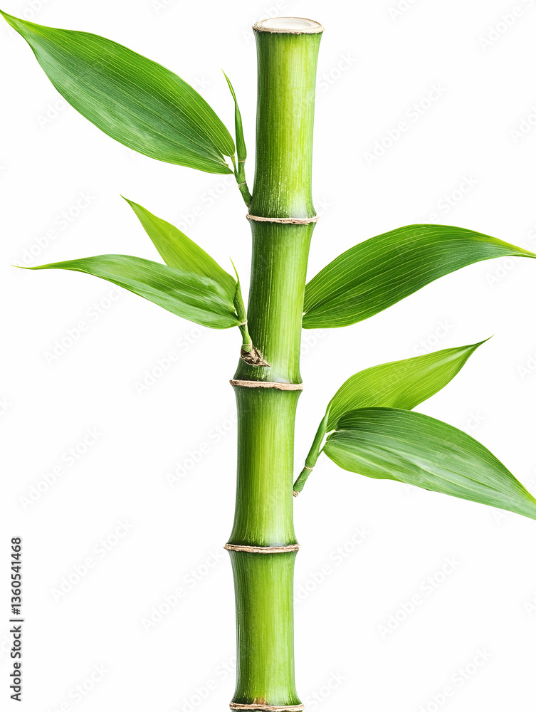 Naklejka premium Lush green bamboo stalk with leaves on white background