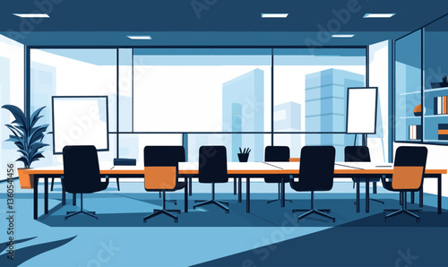 Modern Conference Room Setup for Business Meetings with Tables and Chairs Vector Illustration