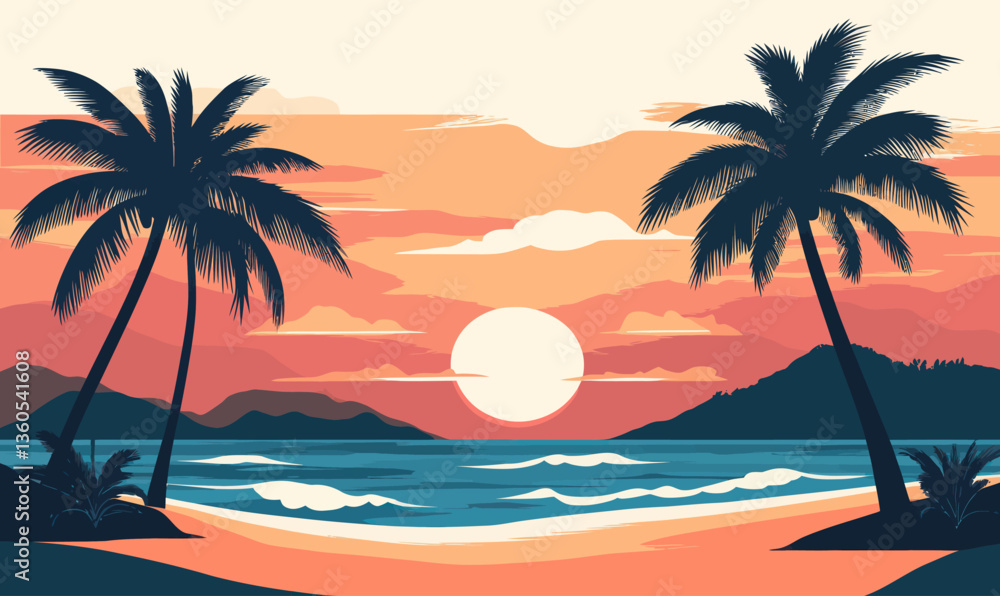 Tropical Beach Sunset with Palm Trees and Gentle Waves Minimalist Vector Art Tropical Beach Sunset with Palm Trees and Gentle Waves Minimalist Vector Art