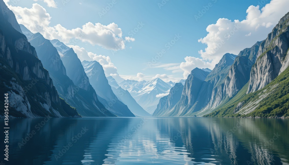 Naklejka premium Serene Mountain Landscape with Calm Waters and Clear Blue Sky