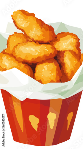 Vector Illustration of Crispy Chicken Nuggets in Paper Bucket for Fast Food Design