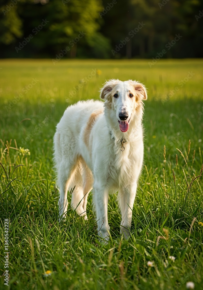 Elegant Borzoi Puppy Standing in a Green Meadow – Graceful Young Russian Wolfhound Elegant Borzoi Puppy Standing in a Green Meadow – Graceful Young Russian Wolfhound