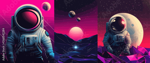 Futuristic Astronaut in Abstract Cosmic Landscape with Geometric Design Elements