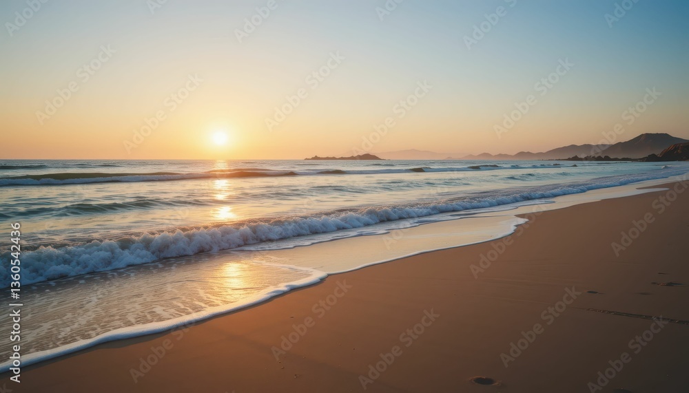 Serene Sunset Over Calm Ocean Waves at Tranquil Beach Shoreline