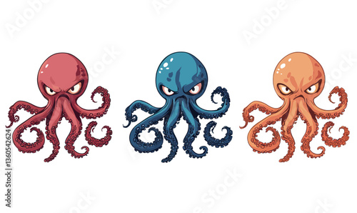 Colorful Angry Fantasy Octopus Characters in Minimalist Style for Ocean-Themed Projects