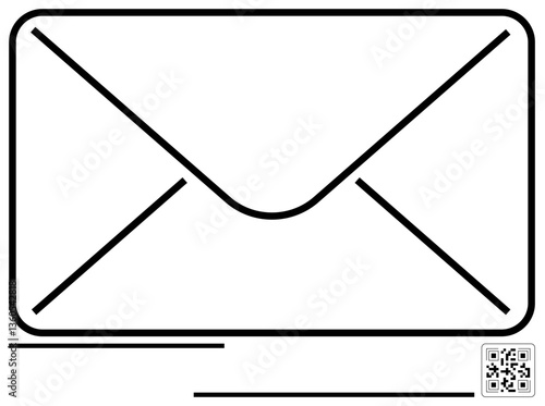 Open-ended envelope outline accompanied by a QR code and horizontal lines beneath. Ideal for email, messaging, communication, logistics, digital marketing, file transfer, modern correspondence. Flat