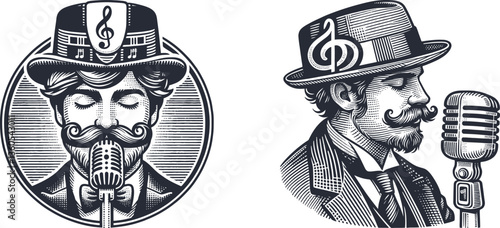 Engraving Set Man with Mustache Wearing Musical Symbol Hat - Unique Art for Music Lovers Design 