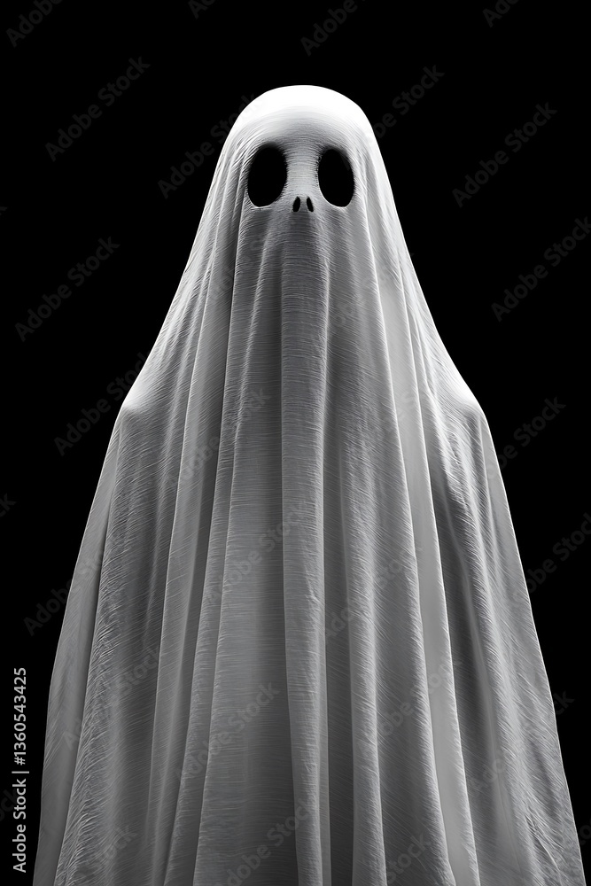 A white sheet ghost stands against a stark black background A white sheet ghost stands against a stark black background
